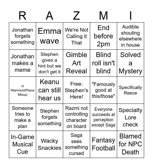 Fateless Razmi Bingo Card