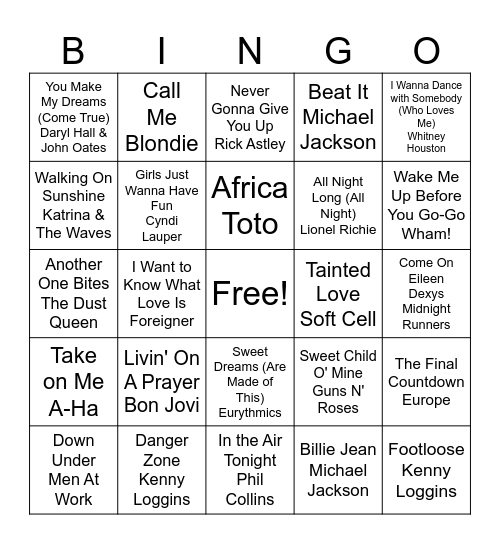 1980's name that tune Bingo Card