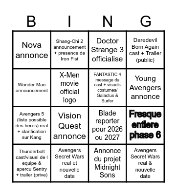 Marvel Studios panel Bingo Card