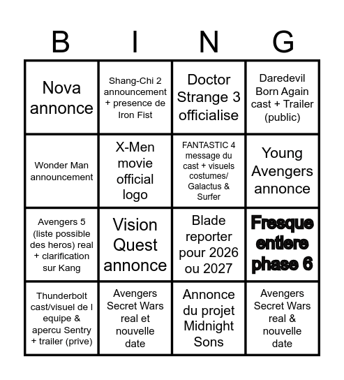 Marvel Studios panel Bingo Card