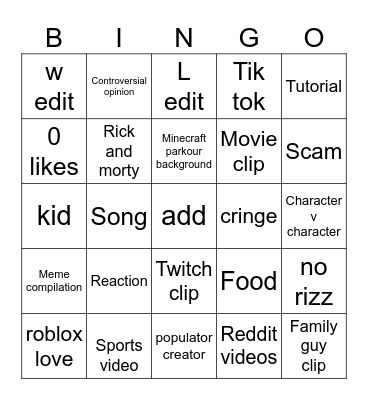 YouTube shorts Bingo Card
