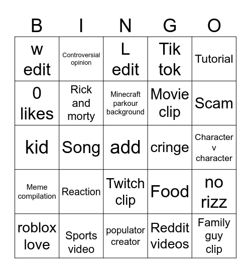 YouTube shorts Bingo Card