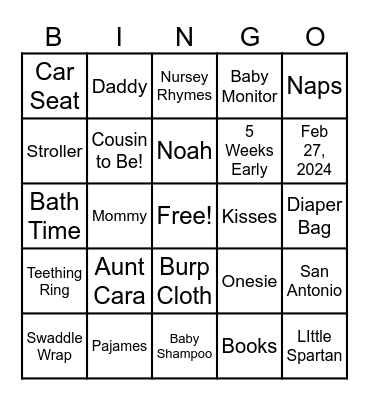 Baby Noah Bingo Card