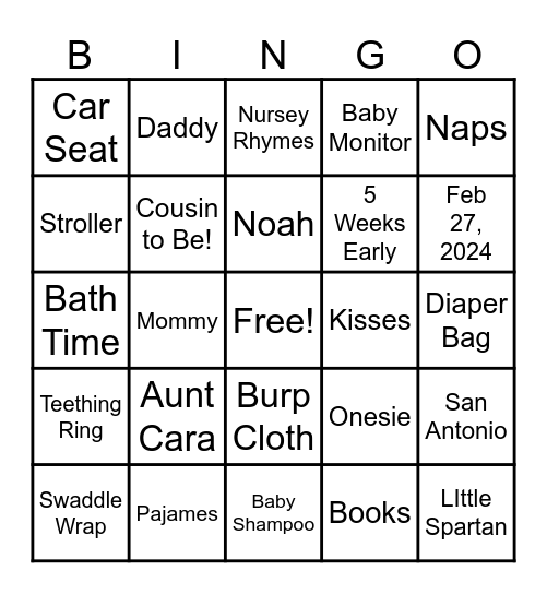 Baby Noah Bingo Card