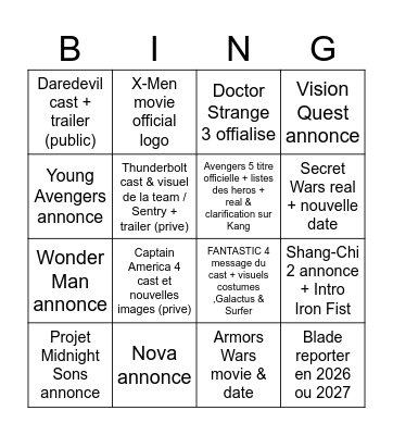 Marvel Studios panel SDCC 2024 Bingo Card