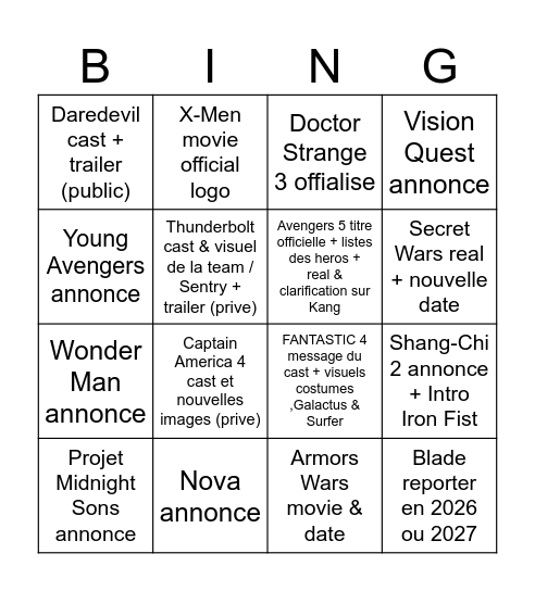 Marvel Studios panel SDCC 2024 Bingo Card