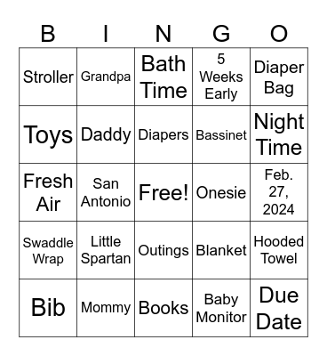 Baby Noah Bingo Card