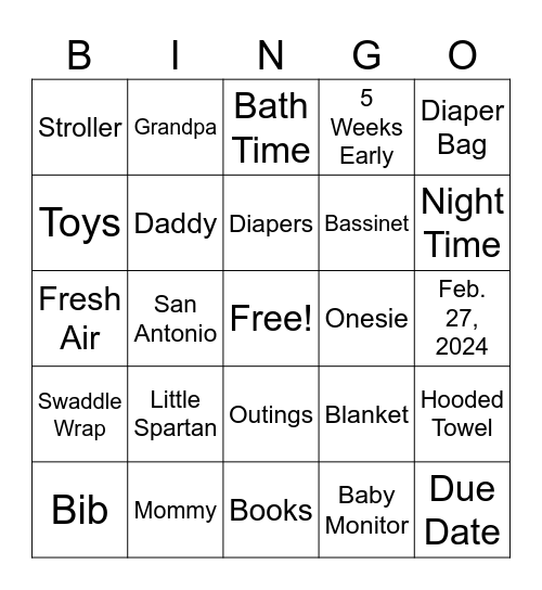 Baby Noah Bingo Card