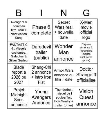 Marvel Studios panel SDCC 2024 Bingo Card