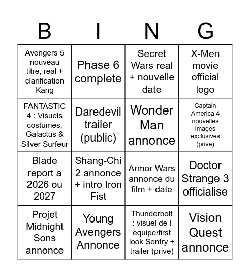 Marvel Studios panel SDCC 2024 Bingo Card