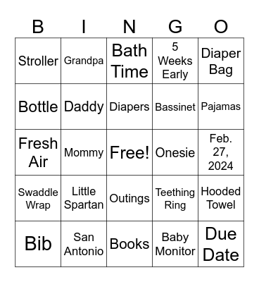Baby Noah Bingo Card