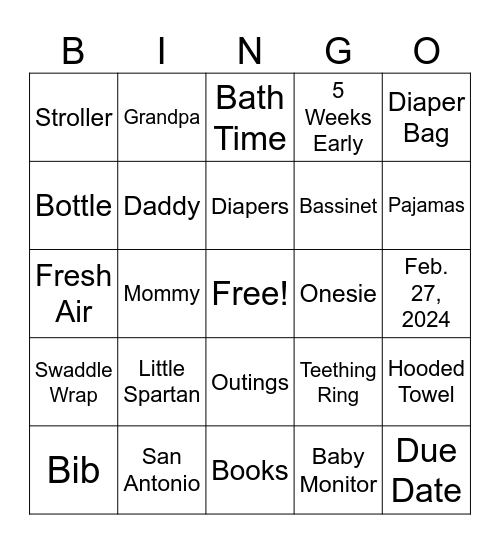 Baby Noah Bingo Card