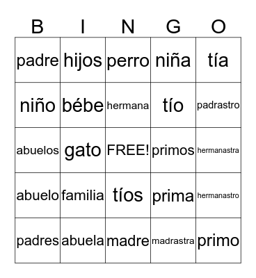 Family Vocabulary Bingo Card