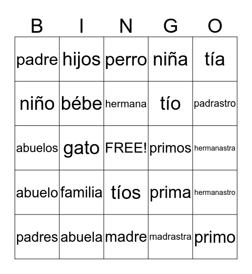 Family Vocabulary Bingo Card