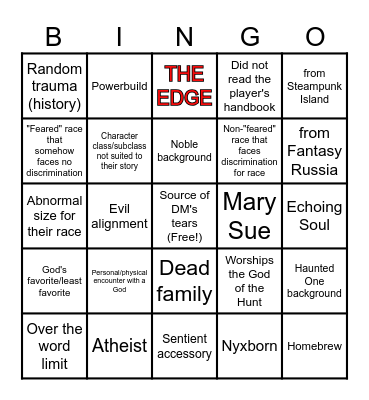 DnD Character Creation Bingo Card