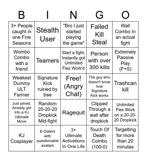 KJ Arena Bingo Card