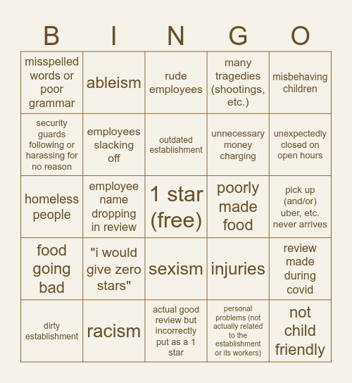 1 star review bingo Card