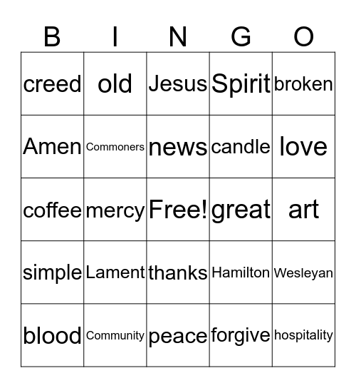 Commoners Liturgy Bingo Card