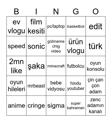 youtube shorts Bingo Card