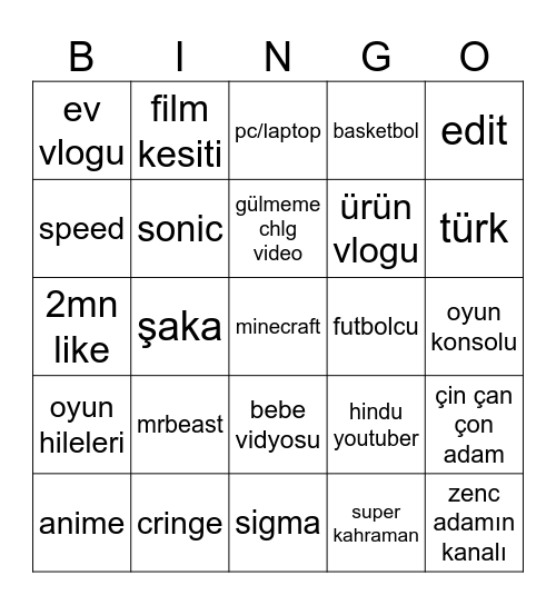 youtube shorts Bingo Card