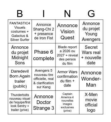 Marvel Studios panel SDCC 2024 Bingo Card