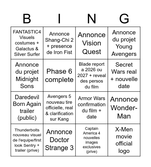 Marvel Studios panel SDCC 2024 Bingo Card