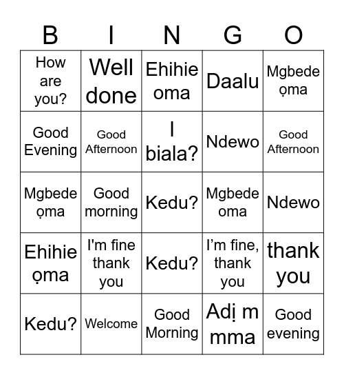 Igbo greetings Bingo Card