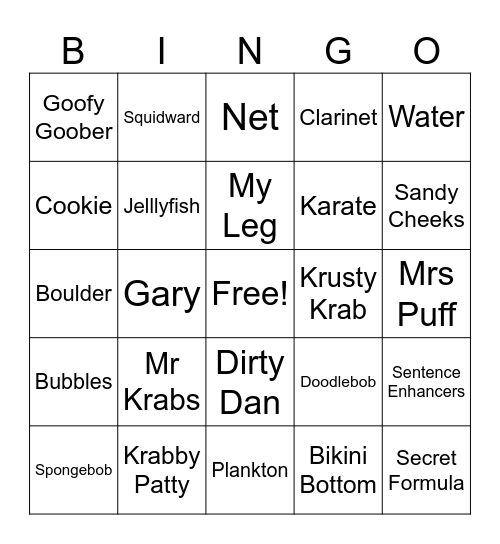 Spongebob Bingo Card