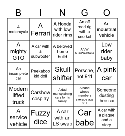 Car Show Bingo Card