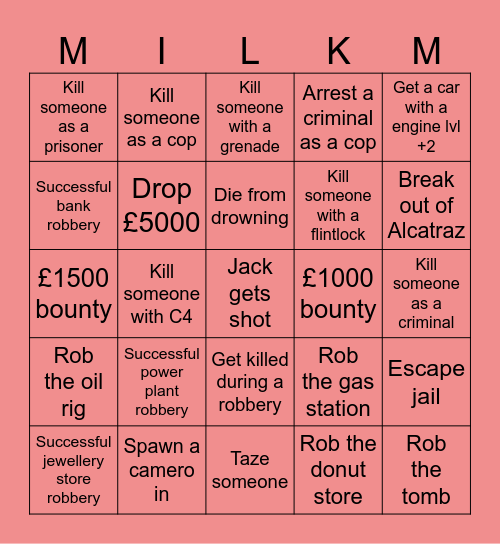 Jail break Bingo Card