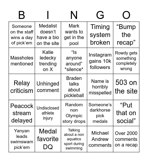 SwimSwam Olympic Bingo Card