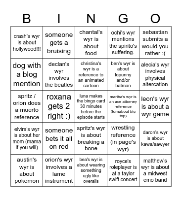 "Choosin' For a Bruisin'" Bingo Card