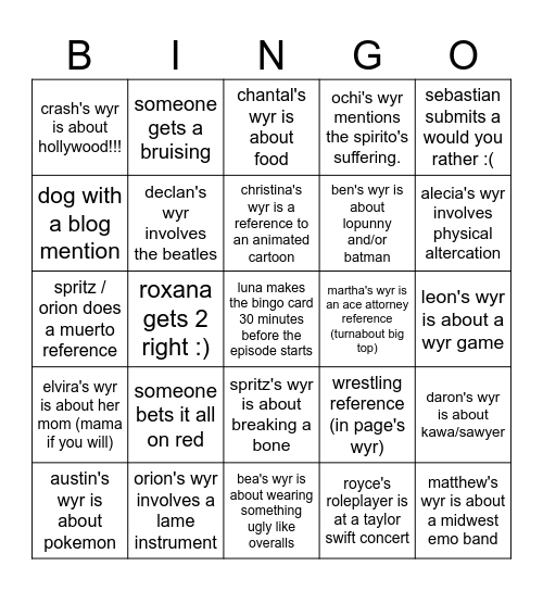 "Choosin' For a Bruisin'" Bingo Card