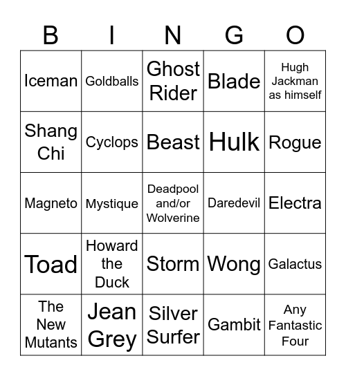 Deadpool & Wolverine Cameos Bingo Card