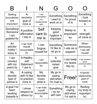 Recovery Bingo Card