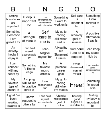 Recovery Bingo Card