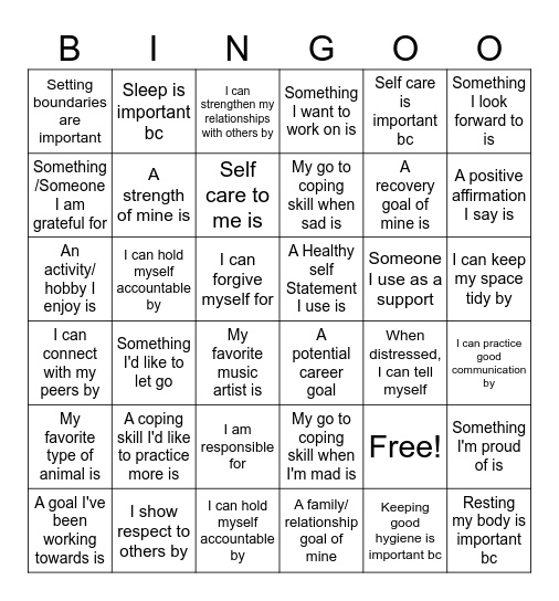 Recovery Bingo Card