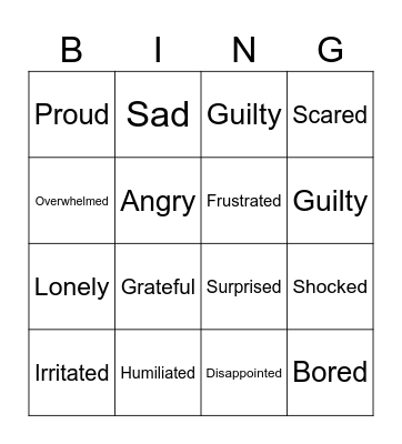 Emotions Bingo Card