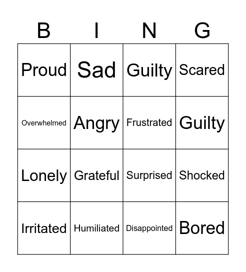 Emotions Bingo Card