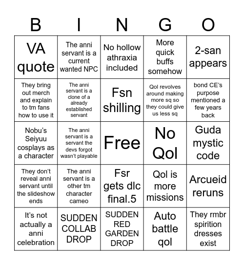 9th anniversary Bingo Card