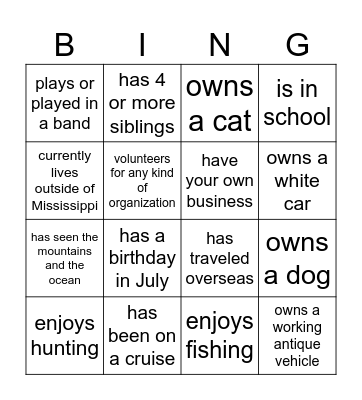 Reunion Getting to Know You Bingo Card