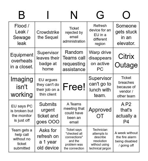 Desktop Support North Bingo Card