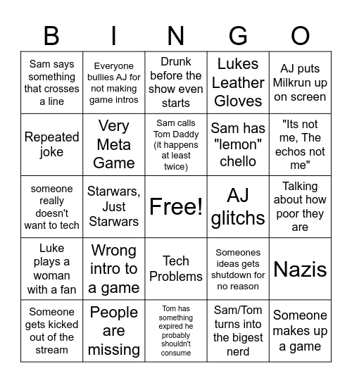 SFTH livestreams Bingo Card