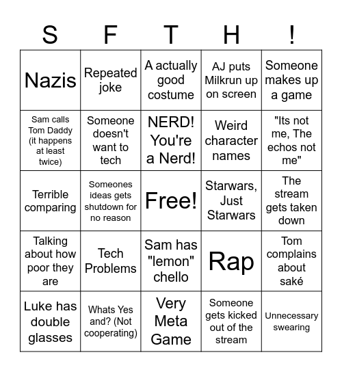 SFTH livestreams Bingo Card