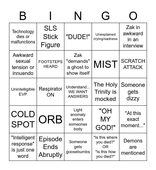 Ghost Adventures Bingo Card