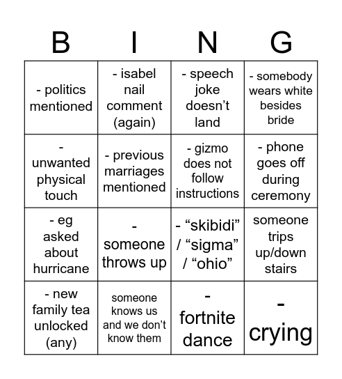 wedding hq Bingo Card