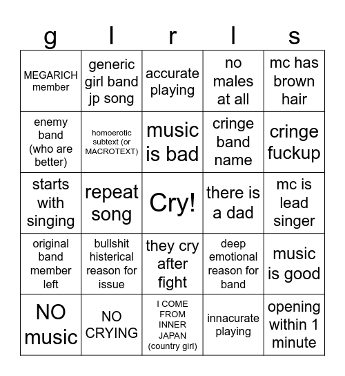 girls bna crye Bingo Card