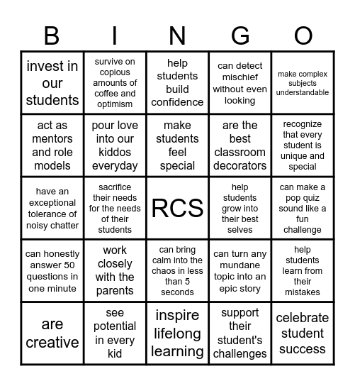 RCS Teachers and Staff are Superheroes Bingo Card