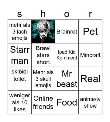 youtube short bingo Card