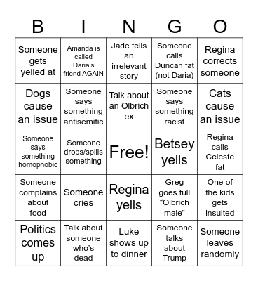 Family Dinner Bingo Card